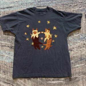 Y2k Black Cat Dancing With Yellow Stars Vintage Style Graphic Tee